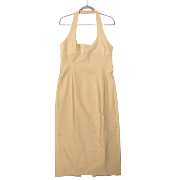 ZARA Matte Tan Bodycon Halter Strap Round Neckline Zipper Maxi Dress - Picture 1 of 8
